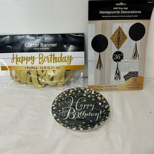 New Amscan Black and Gold Happy Birthday Party Decorations Set